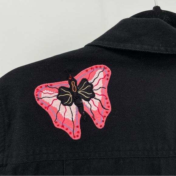 Vintage White Stag Womens Denim Jacket Black Floral Butterflies Beaded L - Picture 6 of 6